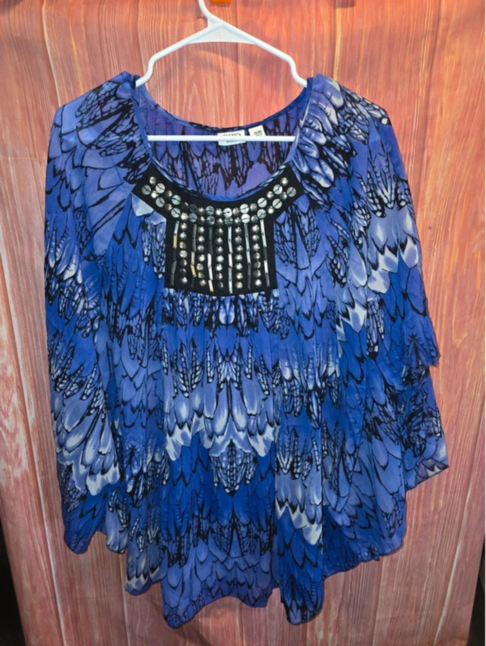 Cato Woman Plus Size 26W/28W Sheer Purple Butterfly Feather Print Studded Blouse